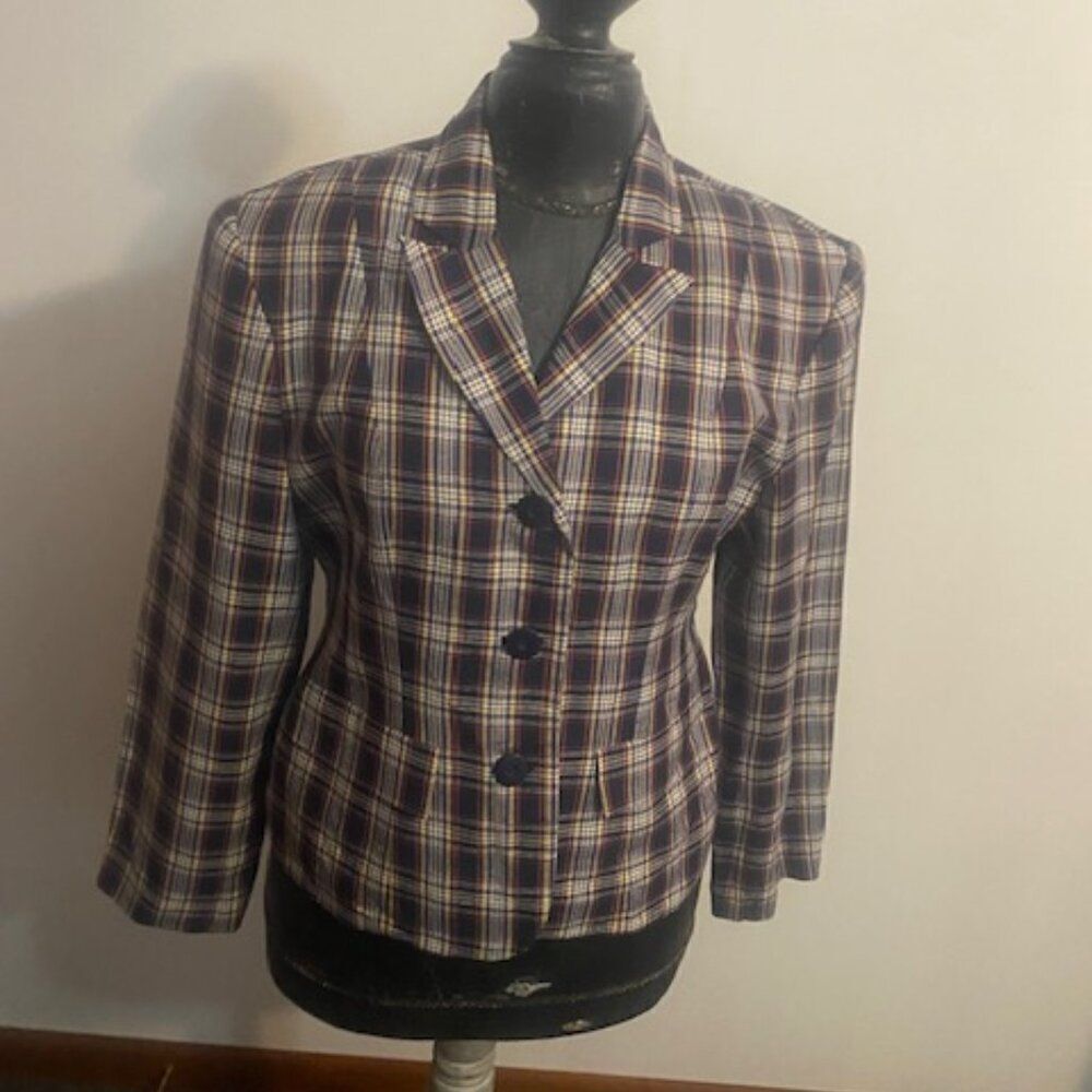 Paul Harris Design Vintage Linen blend Plaid Blue/Yellow blazer, size M